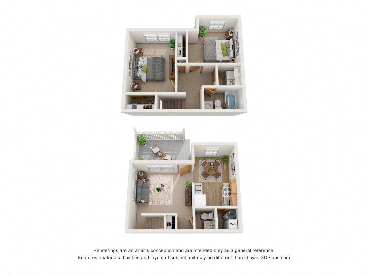 Floor plan for 2 beds, 1.5 baths, 1005 sqft